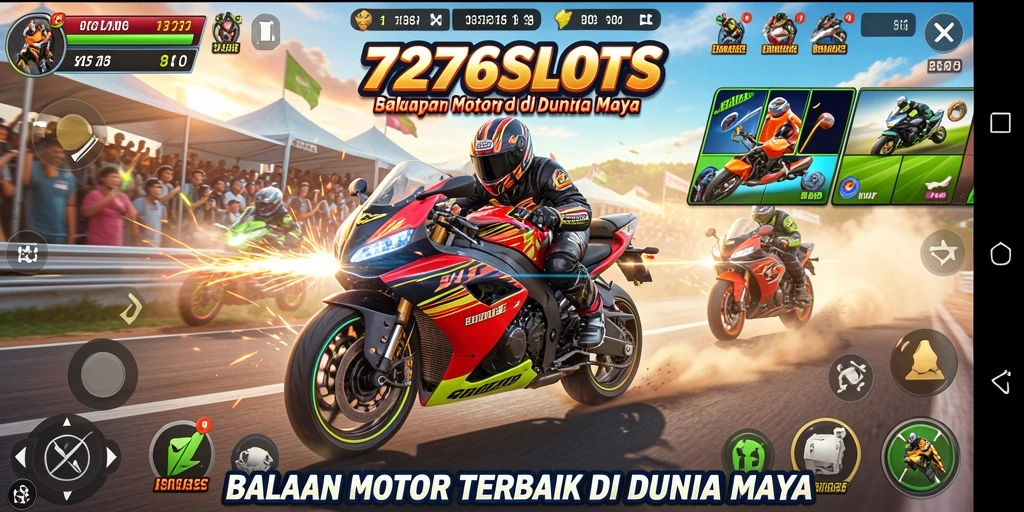 Tampilan gameplay mendebarkan dari 7276SLOTS dengan balapan motor yang cepat.
