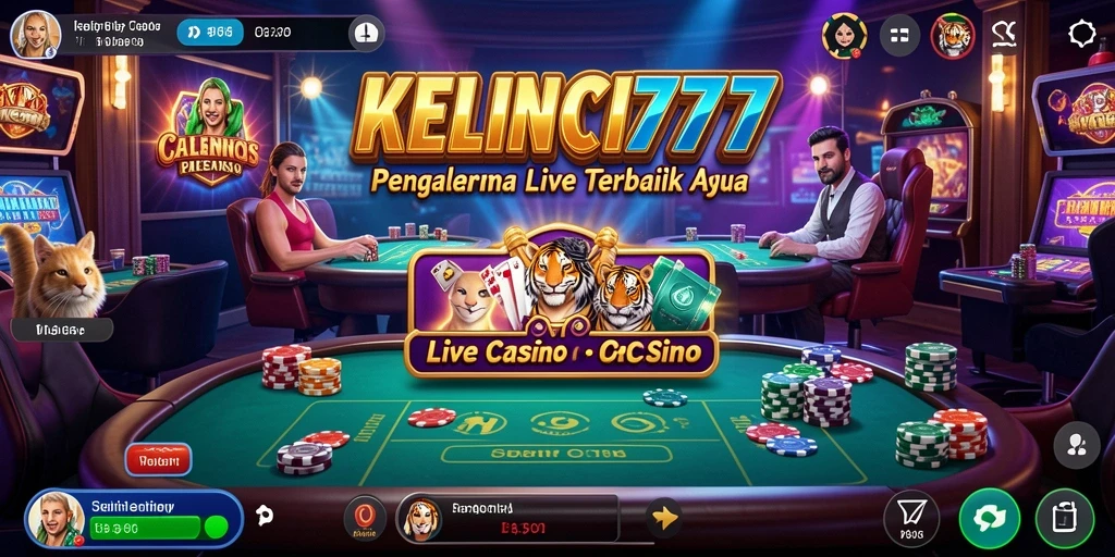 Screenshot gameplay KELINCI777 menunjukkan dealer profesional dan suasana kasino yang nyata.