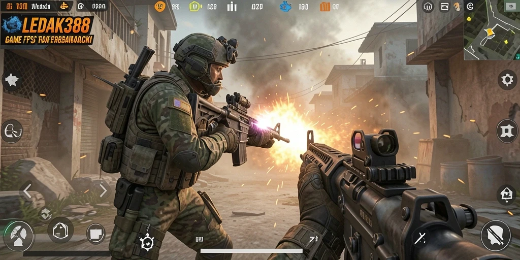 Screenshot LEDAK388 memperlihatkan aksi mendebarkan gameplay FPS.