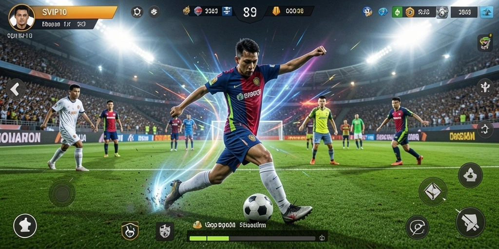 Screenshot gameplay SVIP10 menampilkan aksi seru pertarungan sepak bola.