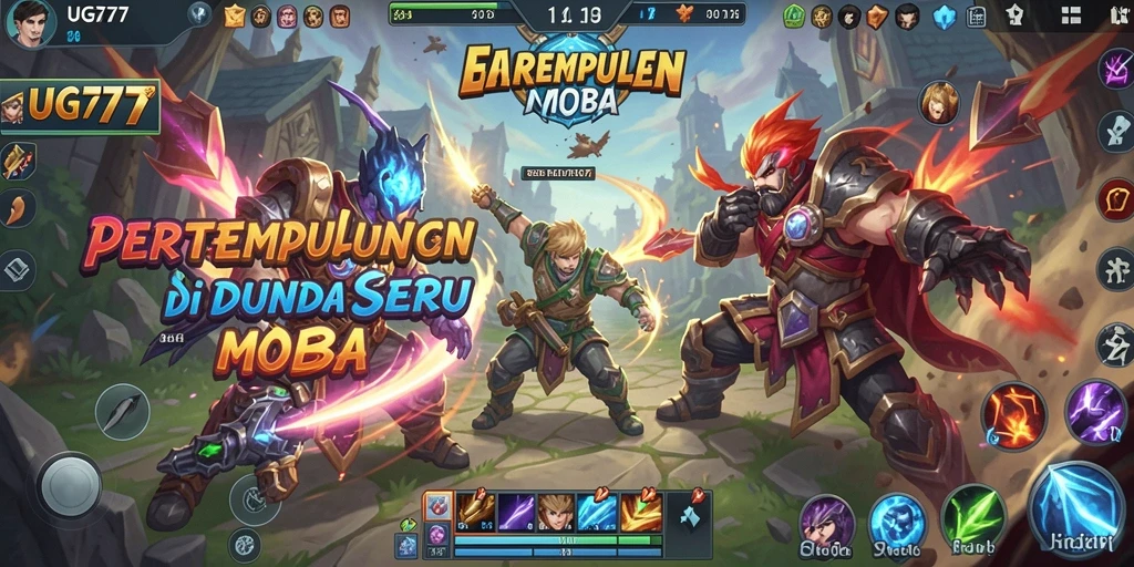 Tampilan gameplay seru dengan karakter yang beragam di arena MOBA.